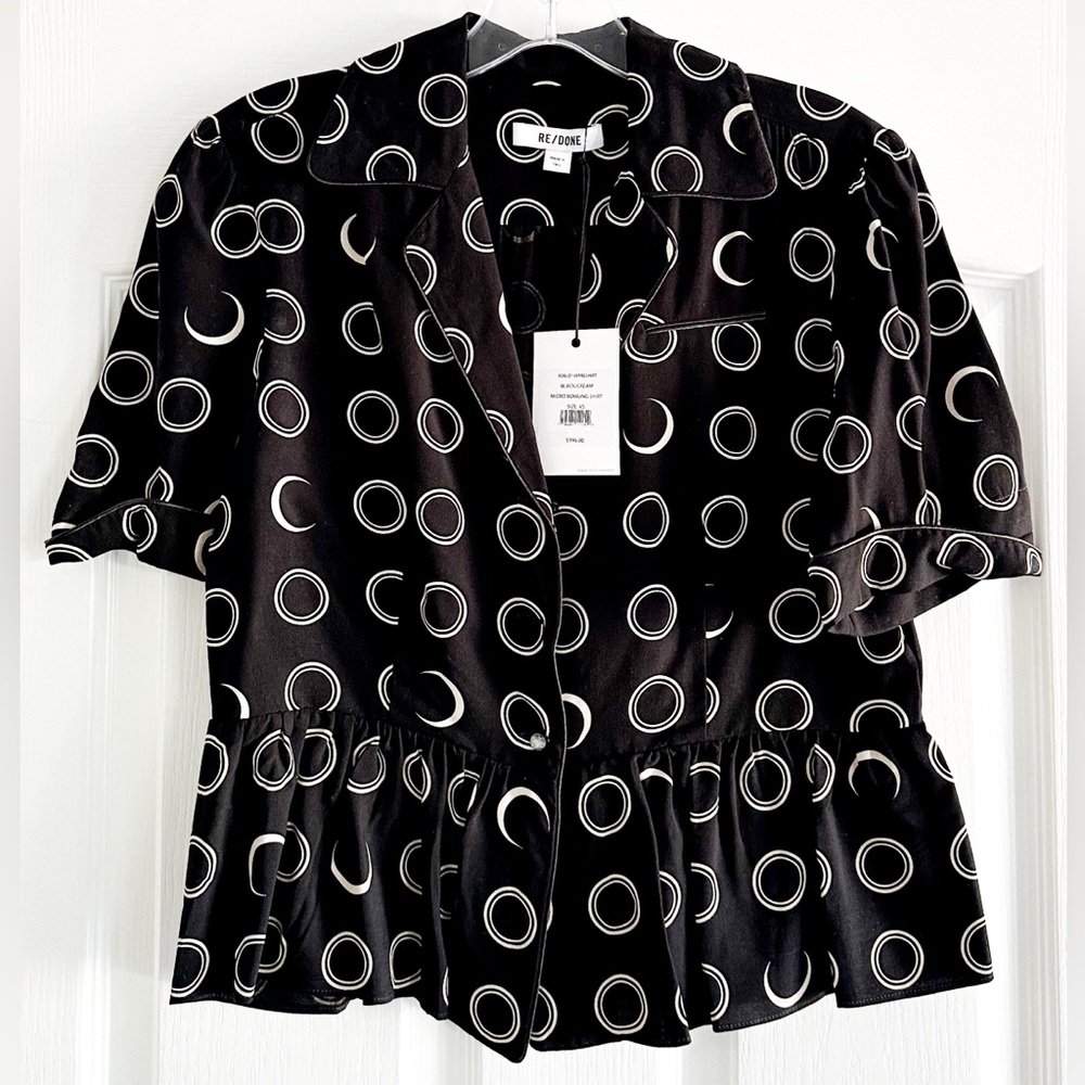 NWT RE/DONE Black & White Circle-Print Button-Front Peplum Shirt Size XS